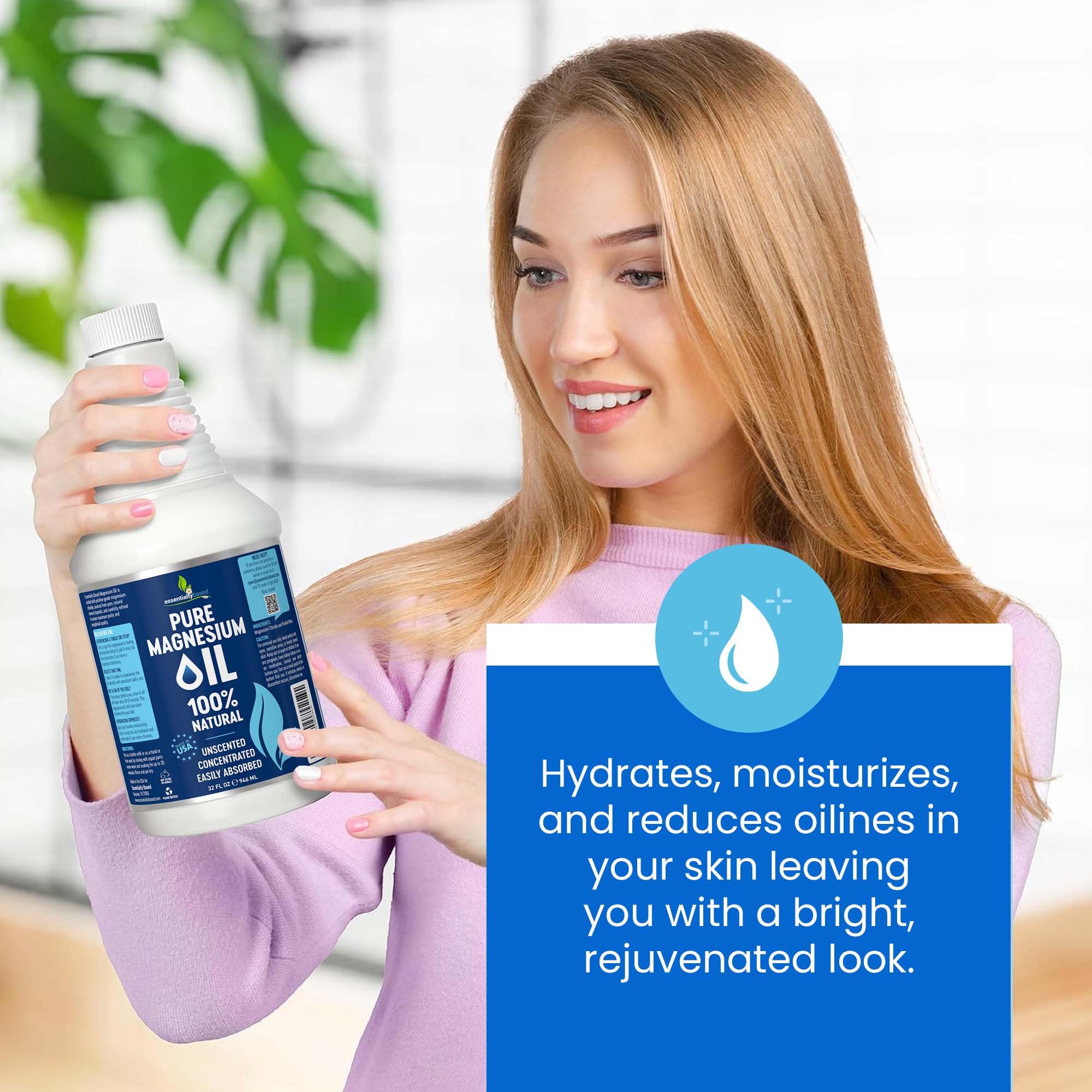 EssentiallyBased Pure Magnesium Oil Spray Made in USA label signals quality origin.