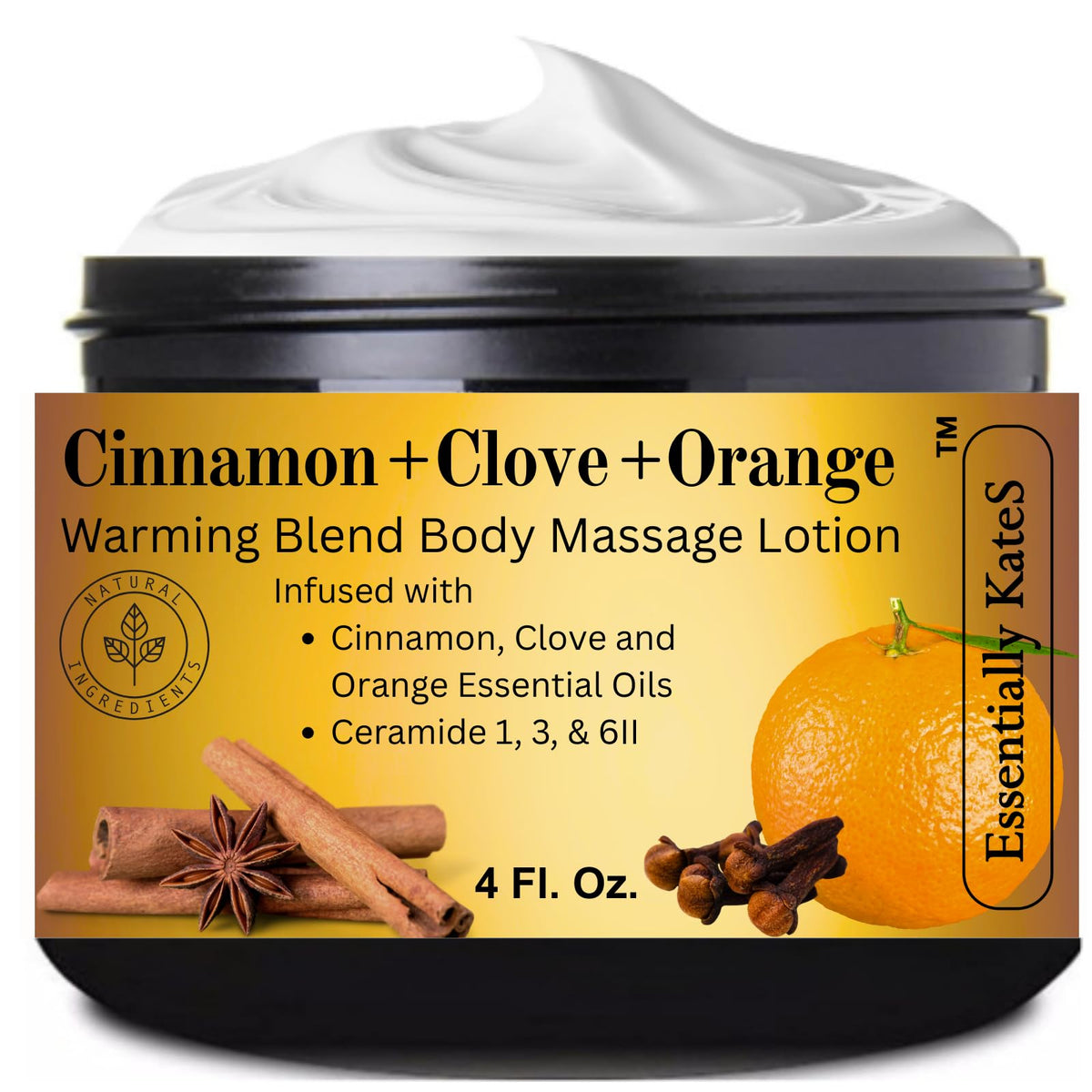Essentially KateS Cinnamon-Clove-Orange warming lotion bottle releasing warmth for muscles