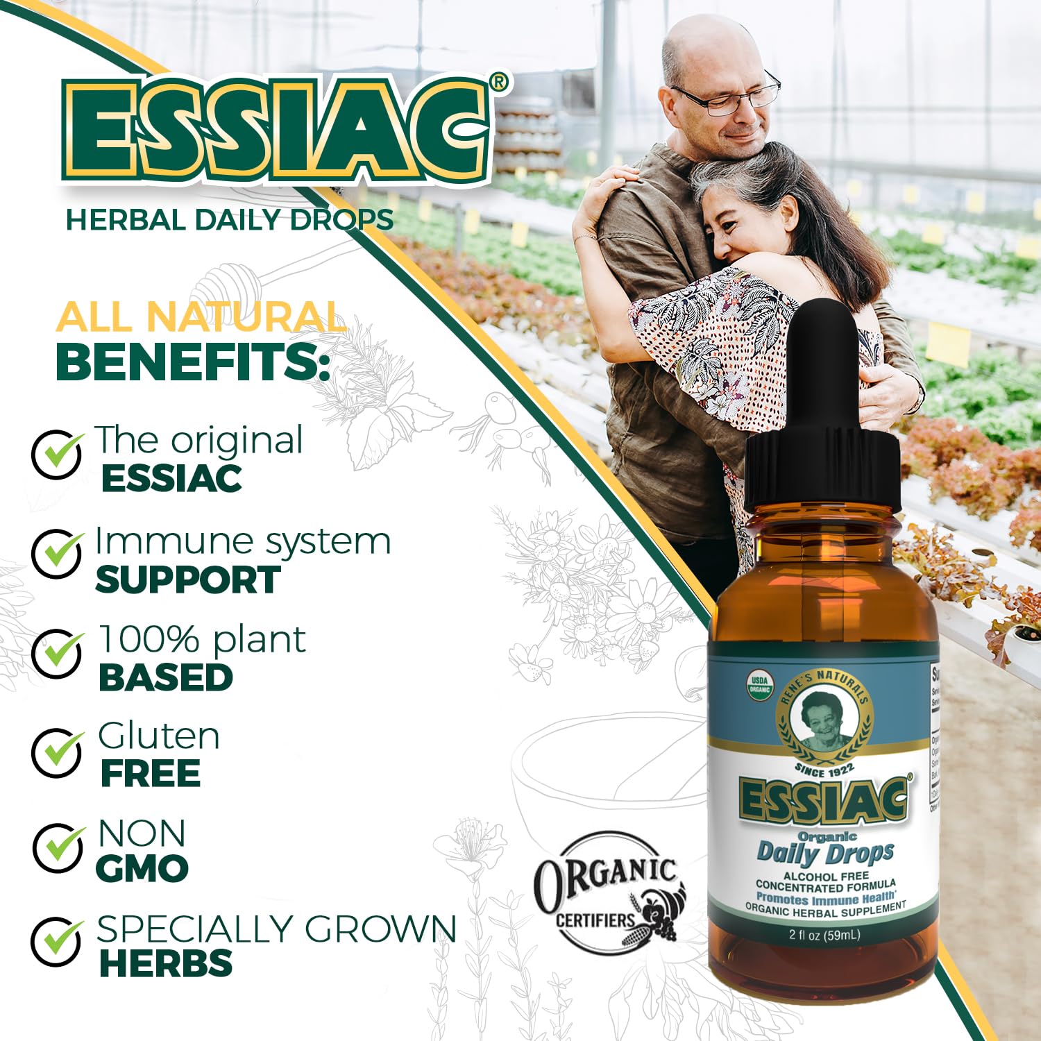 Essiac bottle label detail highlights organic ingredients and history