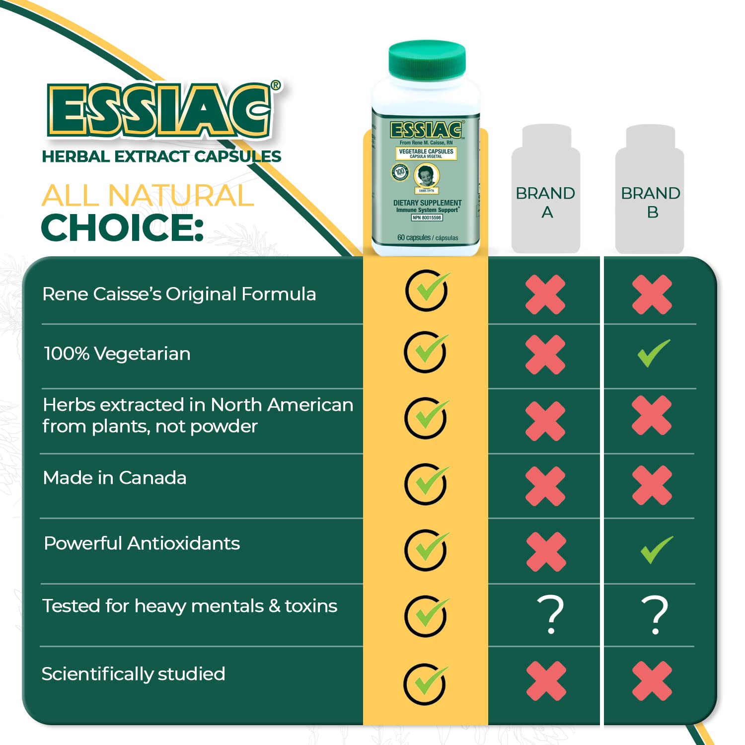 Essiac capsules arranged on wood surface for daily use.