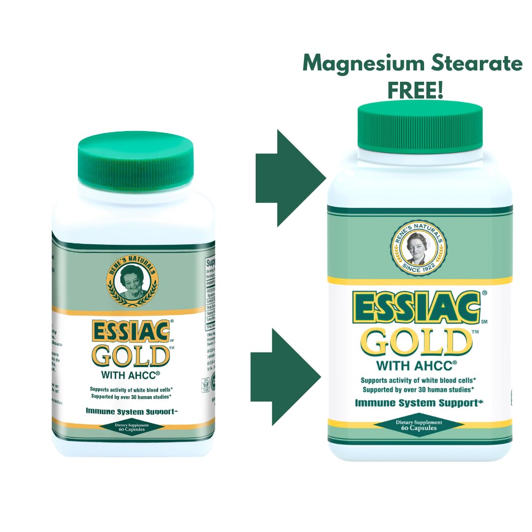 Essiac Gold with AHCC bottle label close-up emphasizing AHCC blend for immune health.