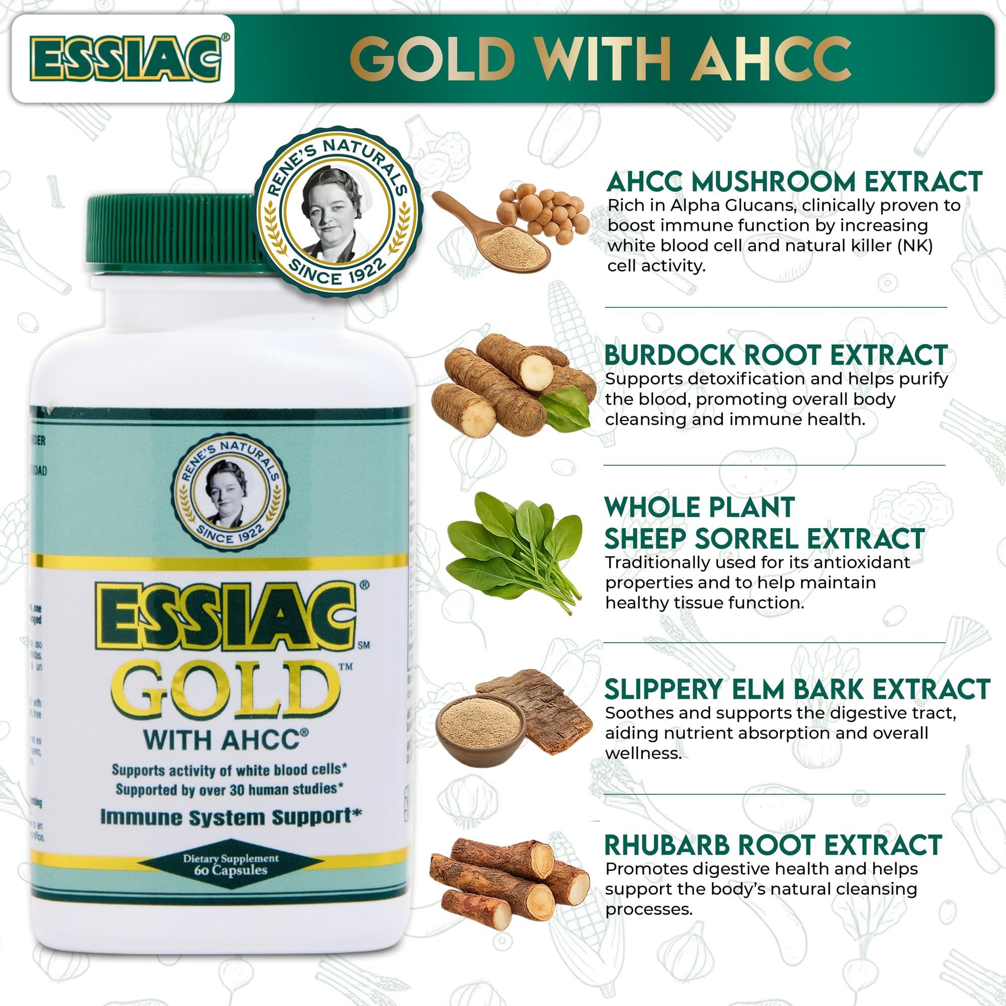 Essiac Gold with AHCC capsules poured into a hand for daily use.
