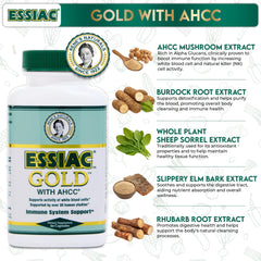 Essiac Gold with AHCC capsules poured into a hand for daily use.