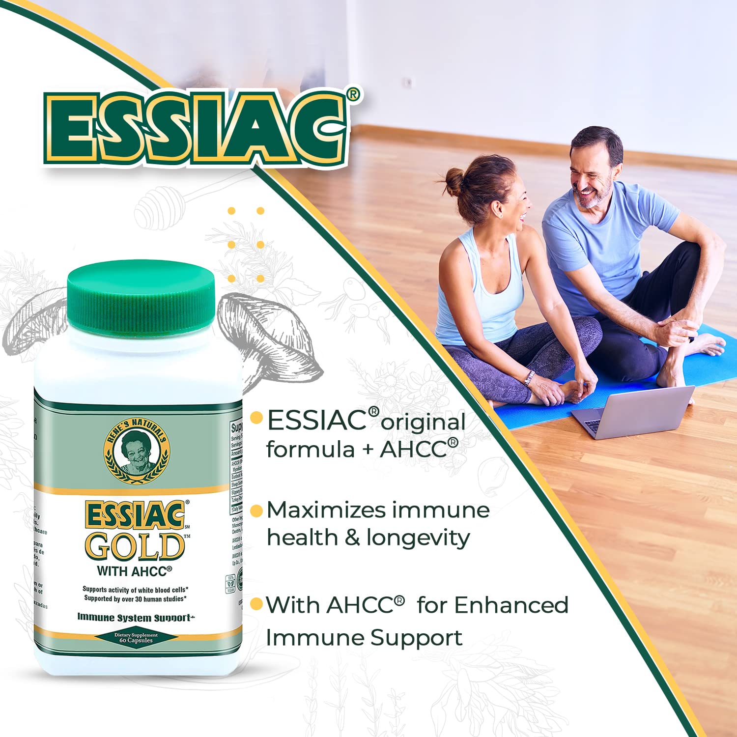 Essiac Gold herbal blend in a wooden bowl under natural light.