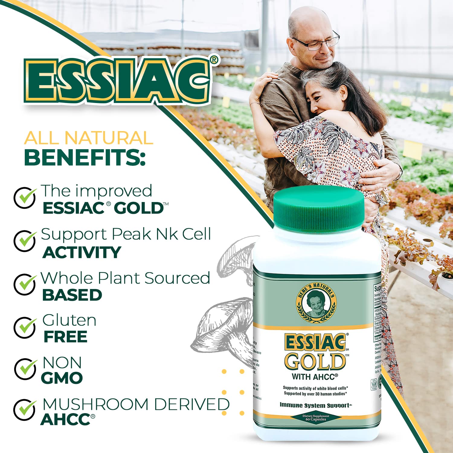 Essiac Gold ingredients illustration highlighting organic herbs.