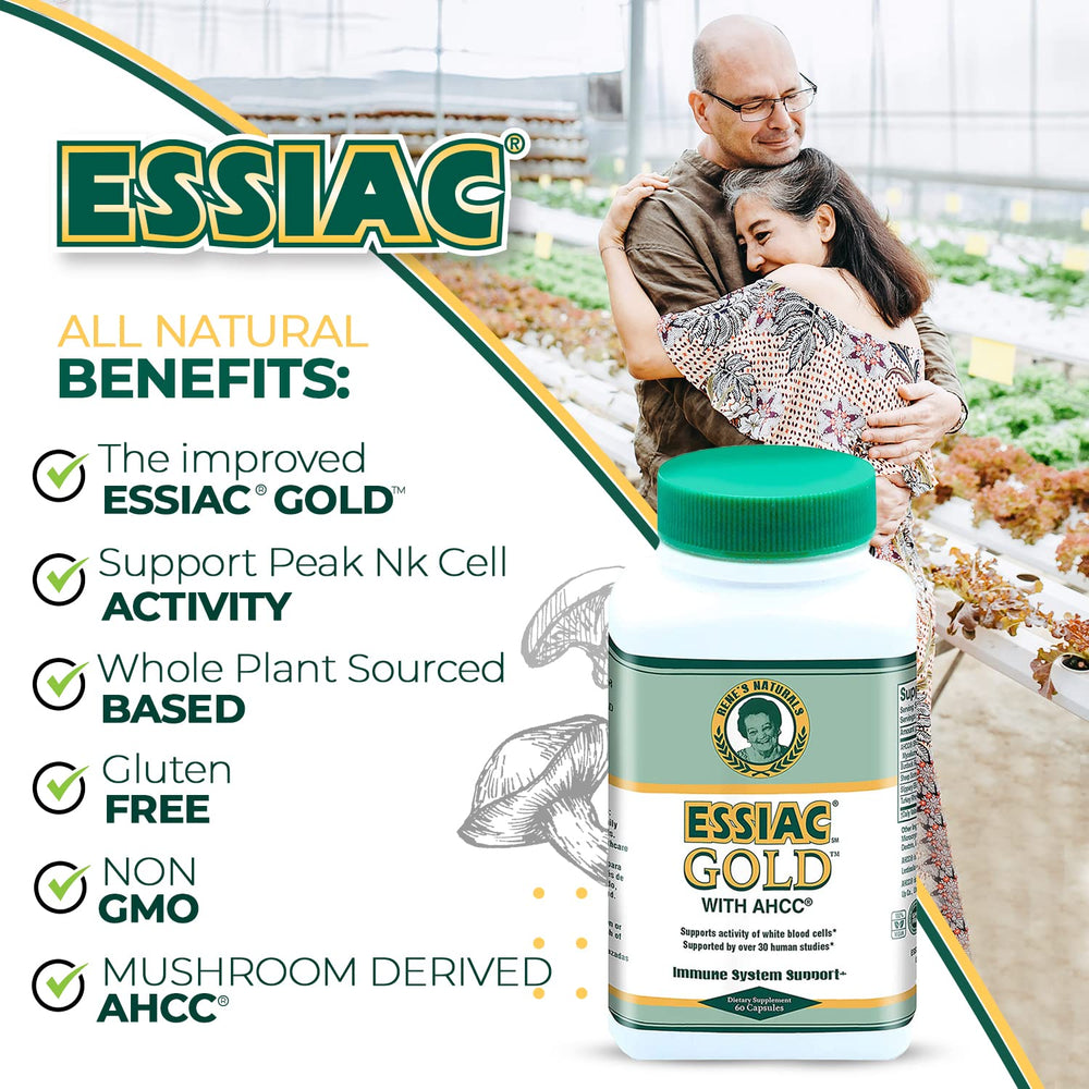 Essiac Gold ingredients illustration highlighting organic herbs.