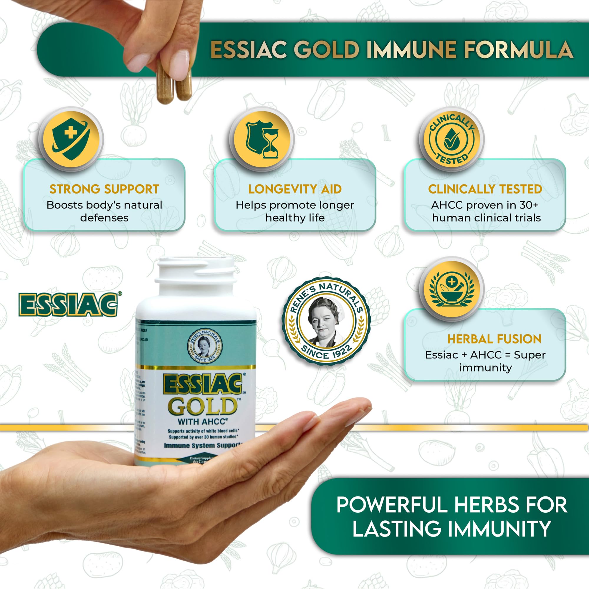 Essiac Gold packaging opened to reveal organic herbal components.