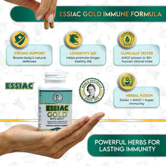 Essiac Gold packaging opened to reveal organic herbal components.