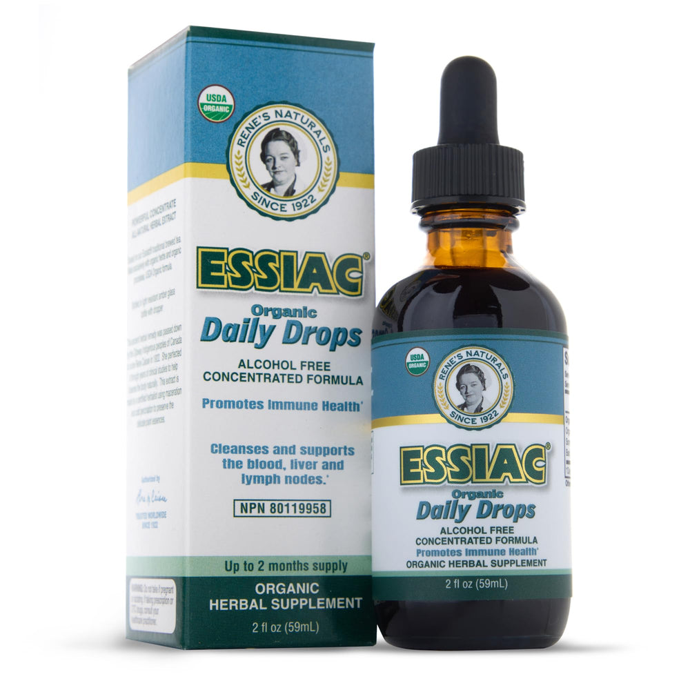 Essiac Original Tea Drops bottle shows herbal blend for daily wellness and immune support