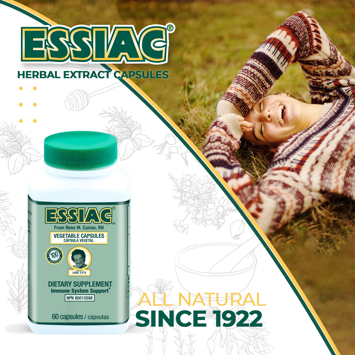 Essiac packaging on shelf signaling heritage and quality.
