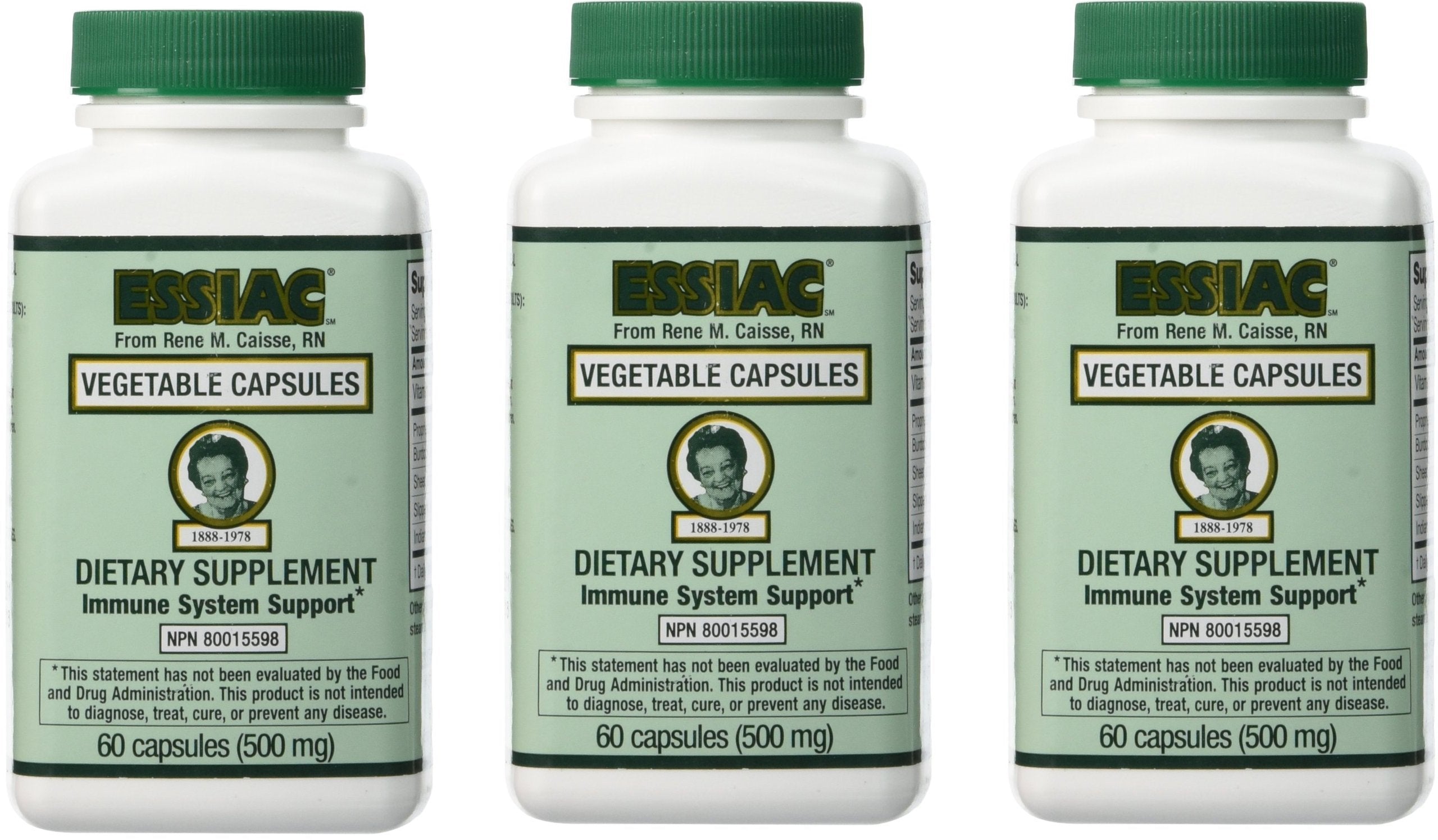 Essiac vegetable caps three-pack bottle for daily wellness.