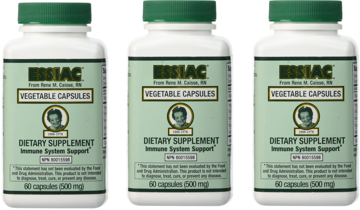 Essiac vegetable caps three-pack bottle for daily wellness.