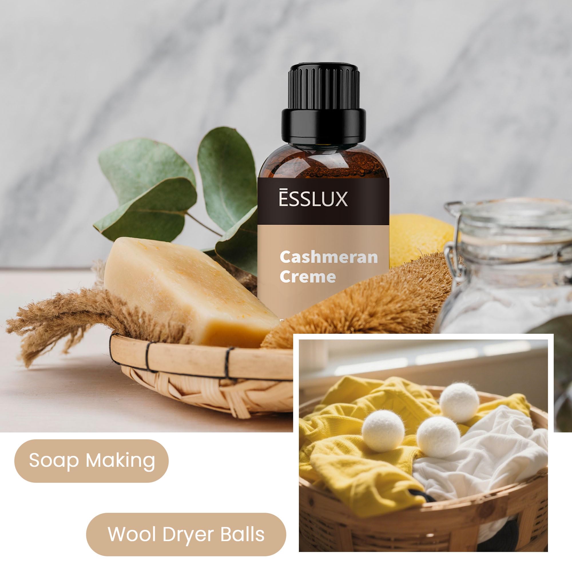 ESSLux Cashmeran Creme candle-making image suggests rich fragrance for soaps and candles.