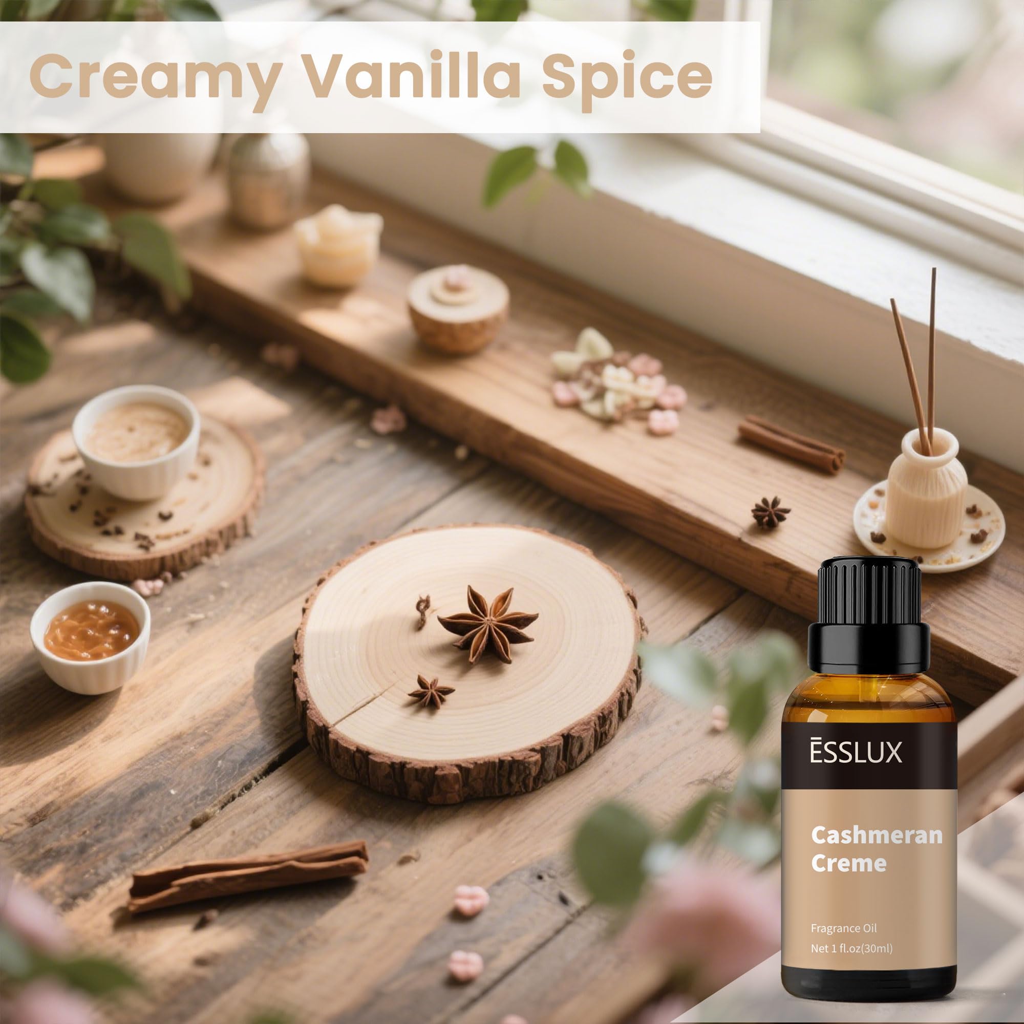 ESSLux Cashmeran Creme diffuser aroma image highlights long-lasting scent in any room.