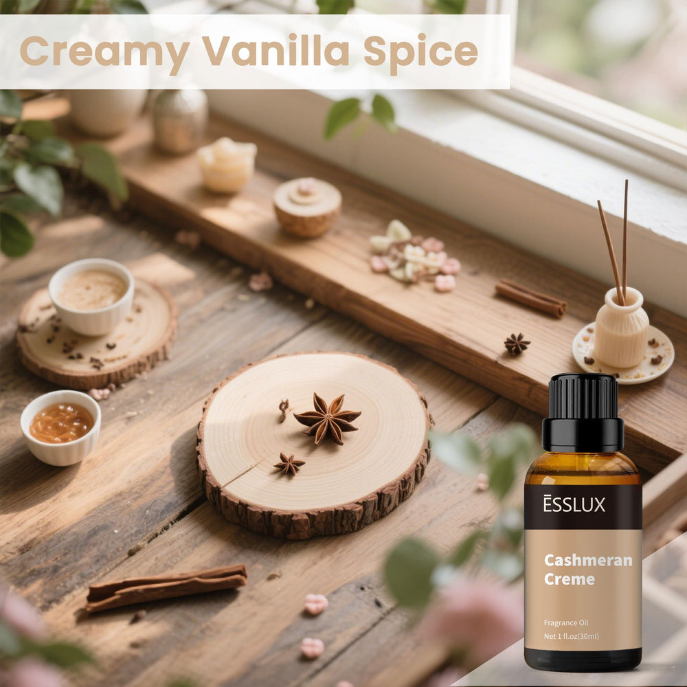 ESSLux Cashmeran Creme diffuser aroma image highlights long-lasting scent in any room.