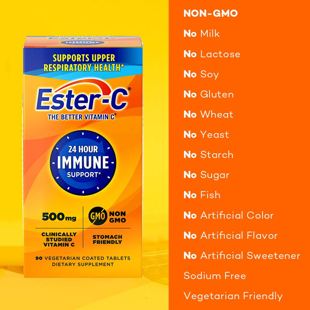 Ester-C 500 mg label detail highlights non-GMO vitamin C.