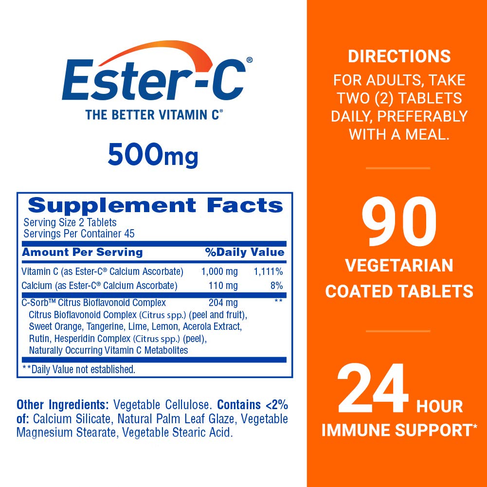 Ester-C 500 mg tablets closeup suggests daily immune support.