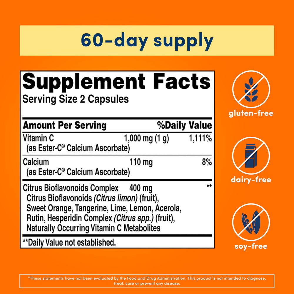 Ester-C capsules closeup highlighting easy daily dosage and 500 mg servings