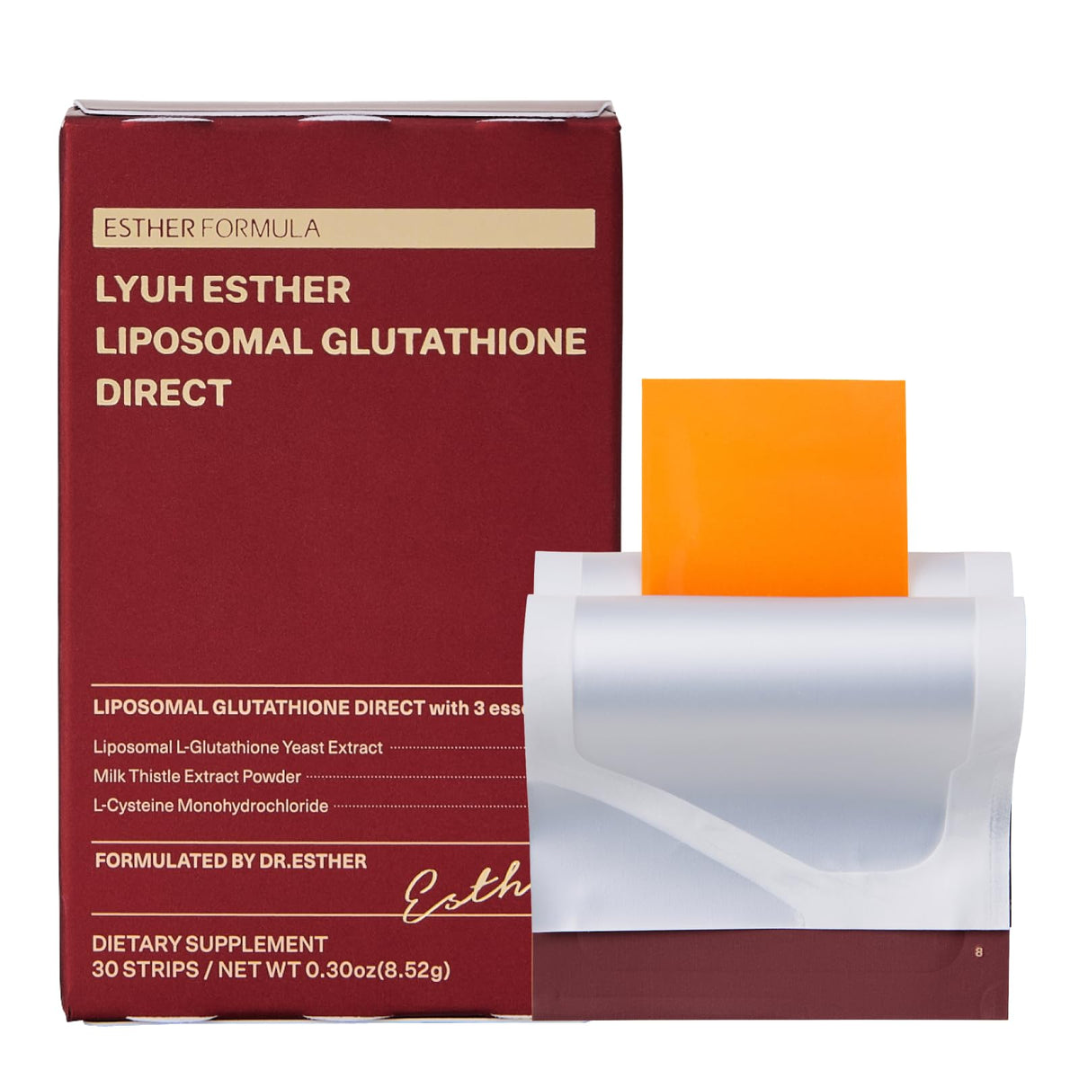 ESTHER FORMULA Liposomal Glutathione Strip packaging for convenient on-the-go use