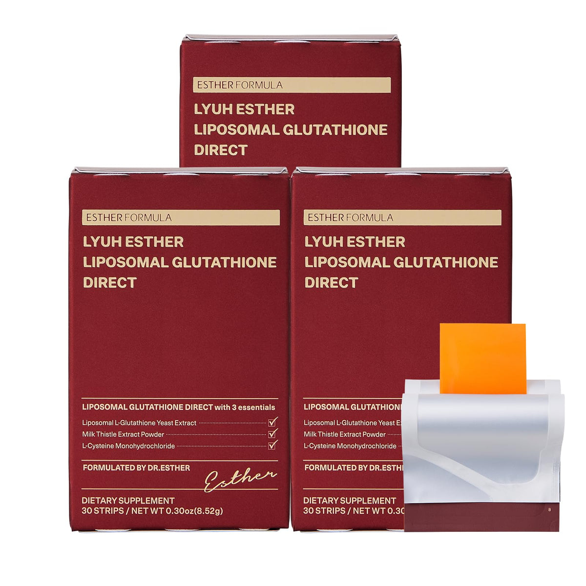 ESTHER FORMULA Liposomal Glutathione Strips lemon flavor packaging highlights premium on-the-go wellness