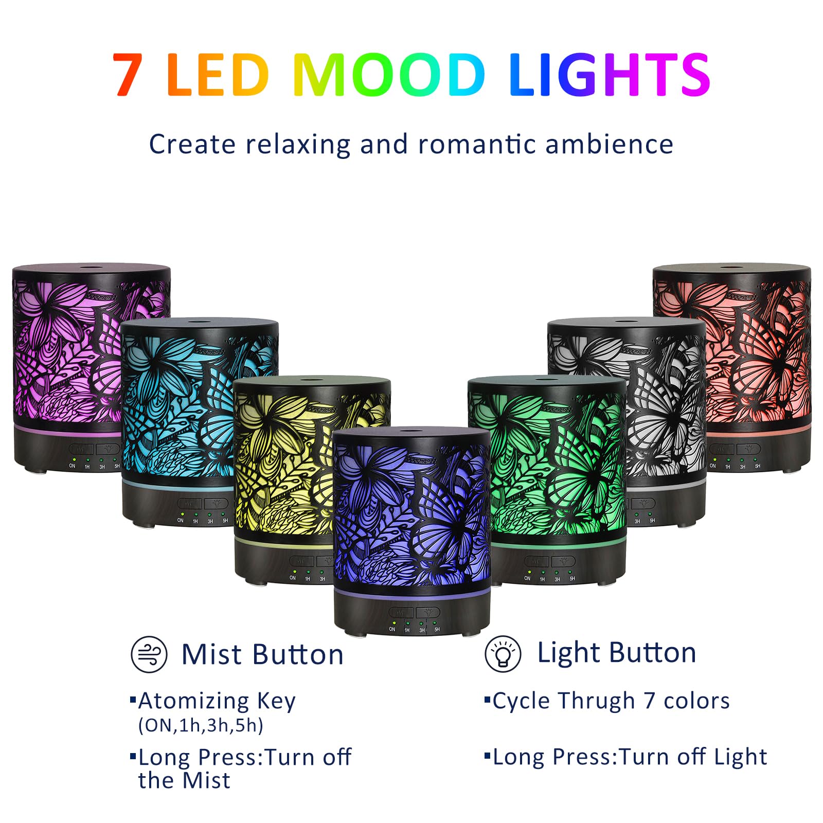 ESTINHOME diffuser displays seven color ambient lights for mood lighting