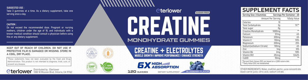 eterlower Creatine Monohydrate Gummies blueberry flavor—delicious pre-workout snack