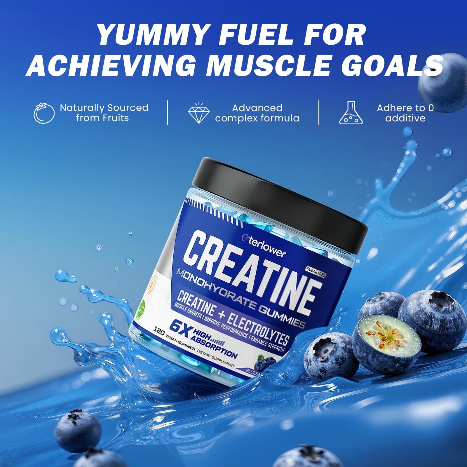 eterlower Creatine Monohydrate Gummies closeup—blueberry chews for performance support