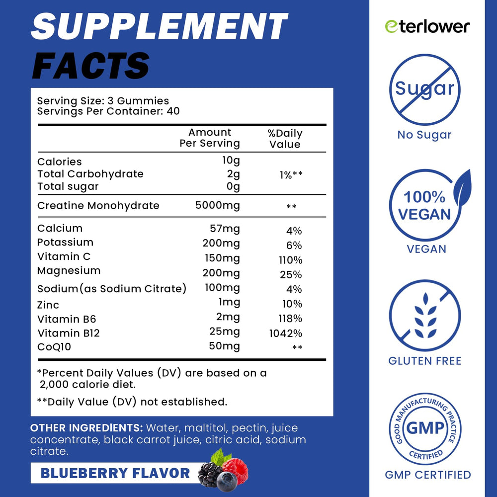 eterlower Creatine Monohydrate Gummies GMP-certified label—quality you can trust