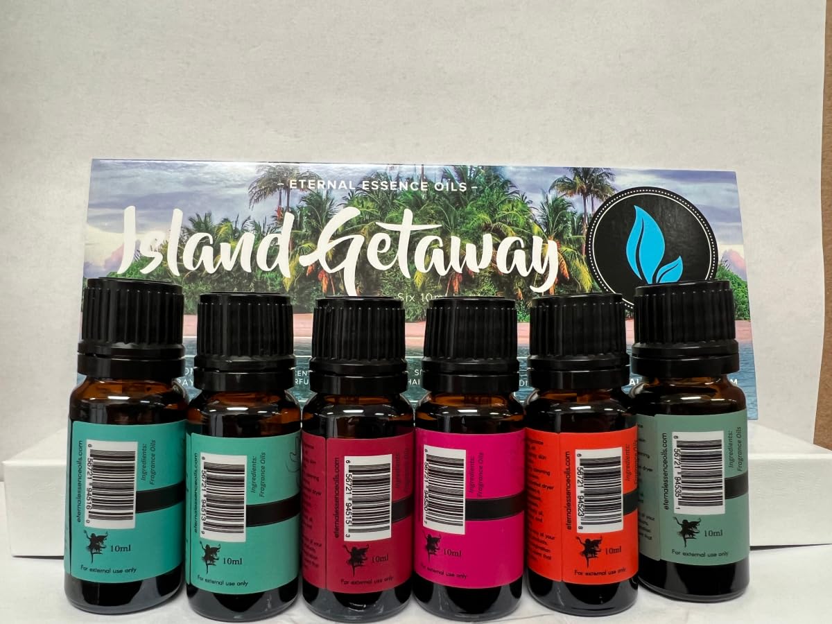 Eternal Essence Island Getaway amber-glass box packaging for premium oils.