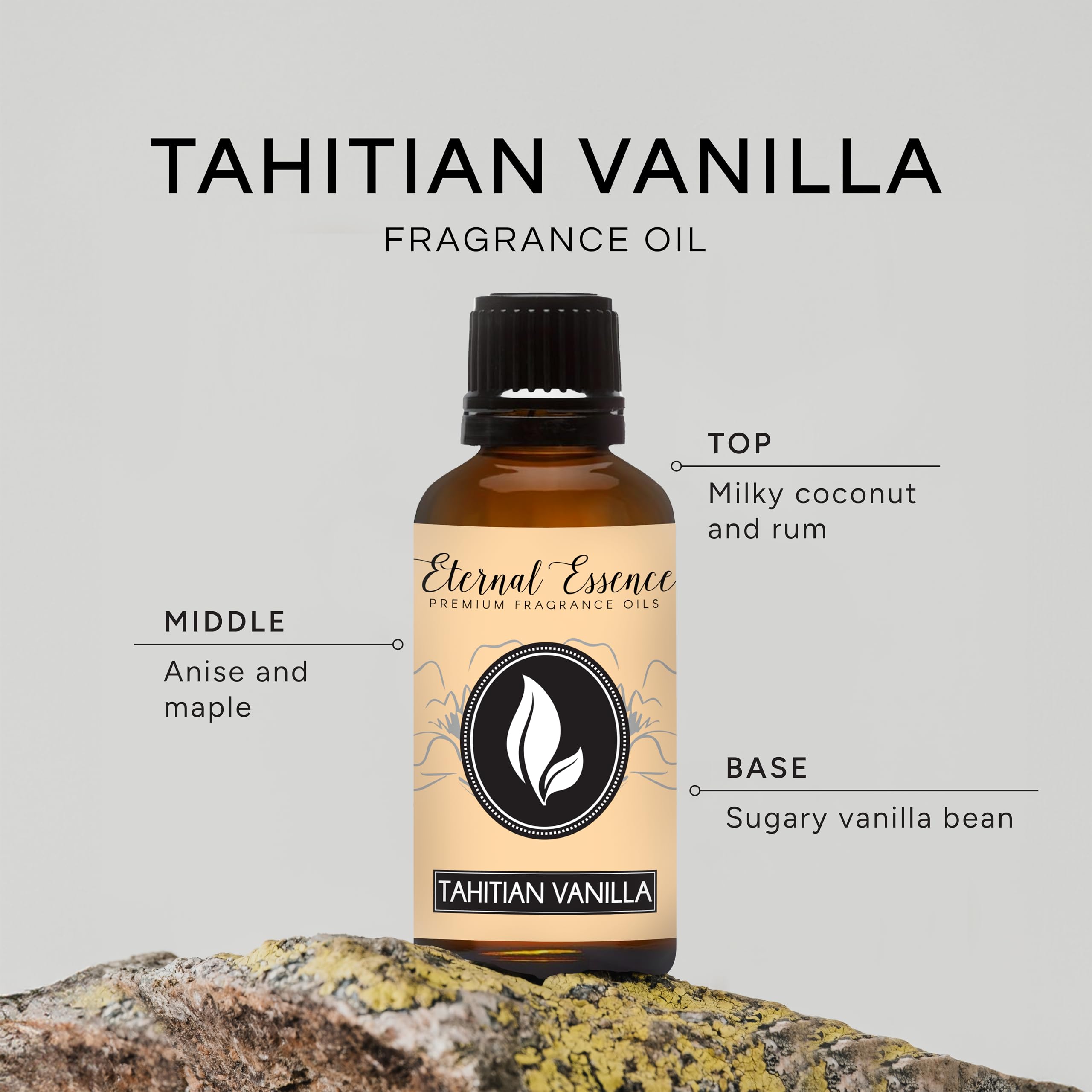 Eternal Essence Oils Tahitian Vanilla label closeup highlighting cap and dropper