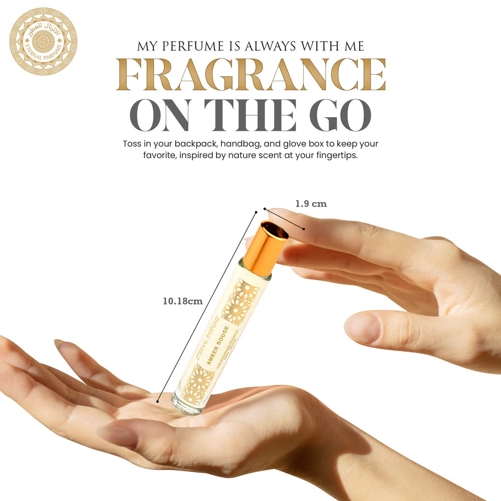 Eternal Parfums roll-on bottle on hand for easy, on-the-go application.