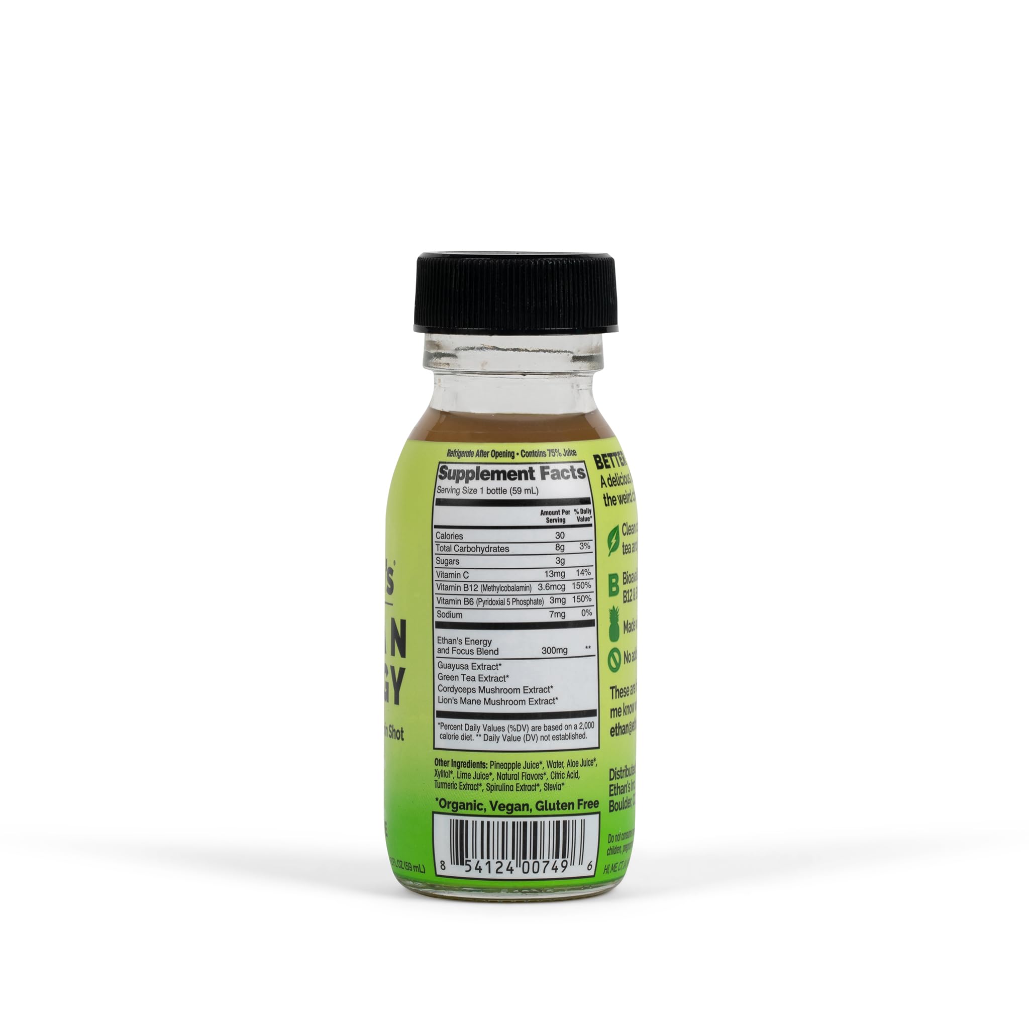 Ethan's glass bottle with recyclable packaging and clear labeling.