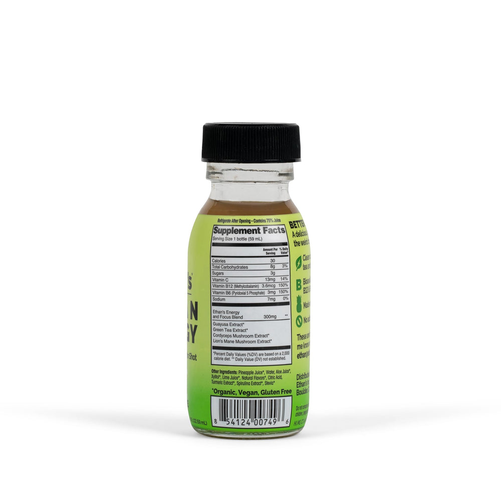 Ethan's glass bottle with recyclable packaging and clear labeling.