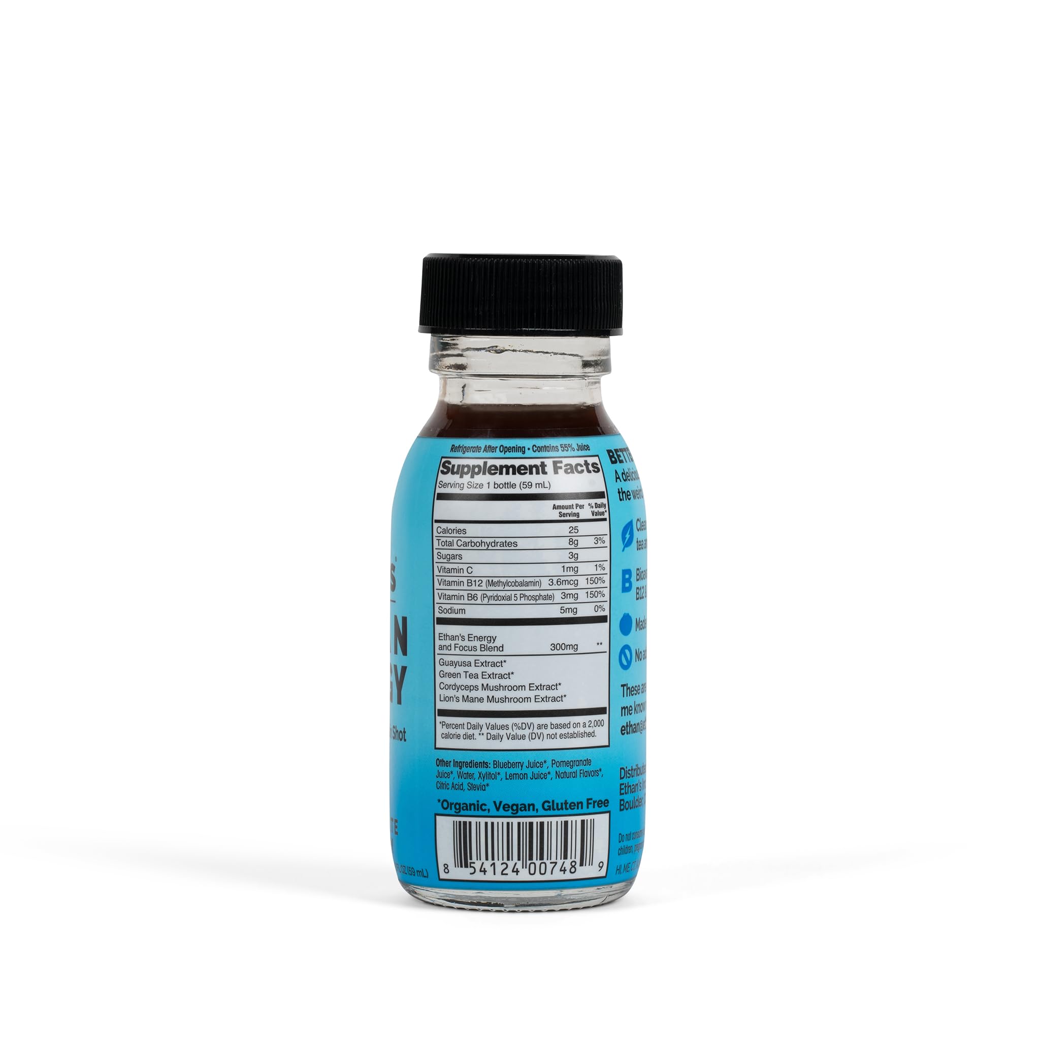 Ethan's energy shot ready-to-drink in a glass bottle for travel-friendly energy.
