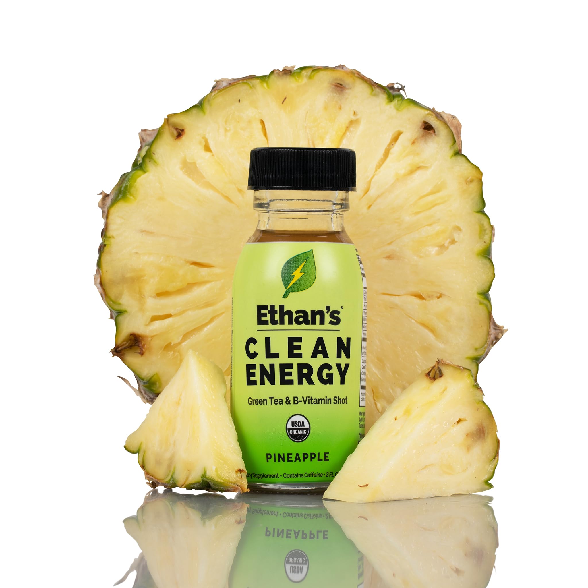 Ethan's green tea and guayusa ingredients label highlighting energy sources.