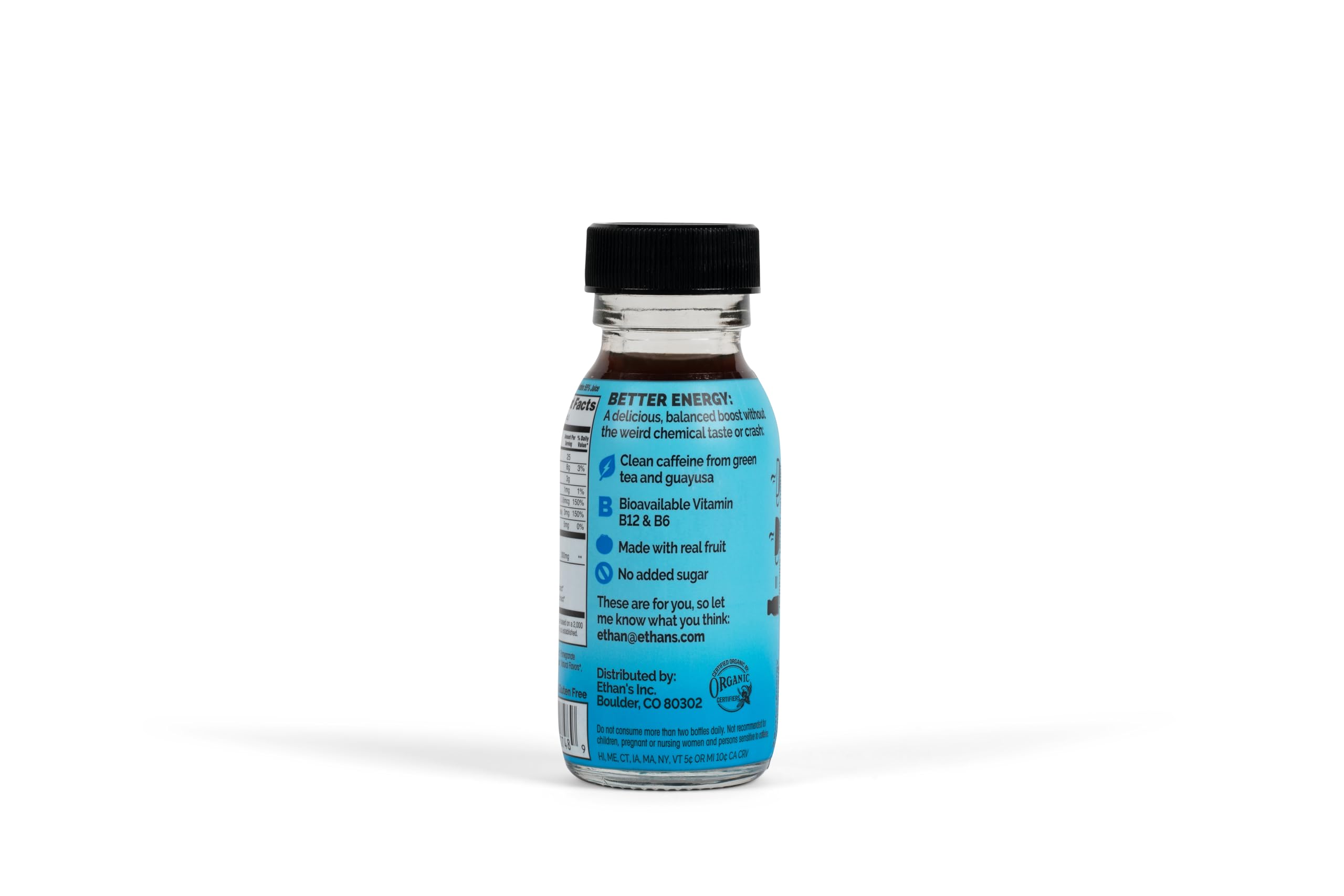 Ethan's packaging glass bottle, recyclable and non-toxic, supports sustainability.