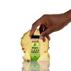 Ethan's Pineapple energy shot close-up showing refreshing taste.