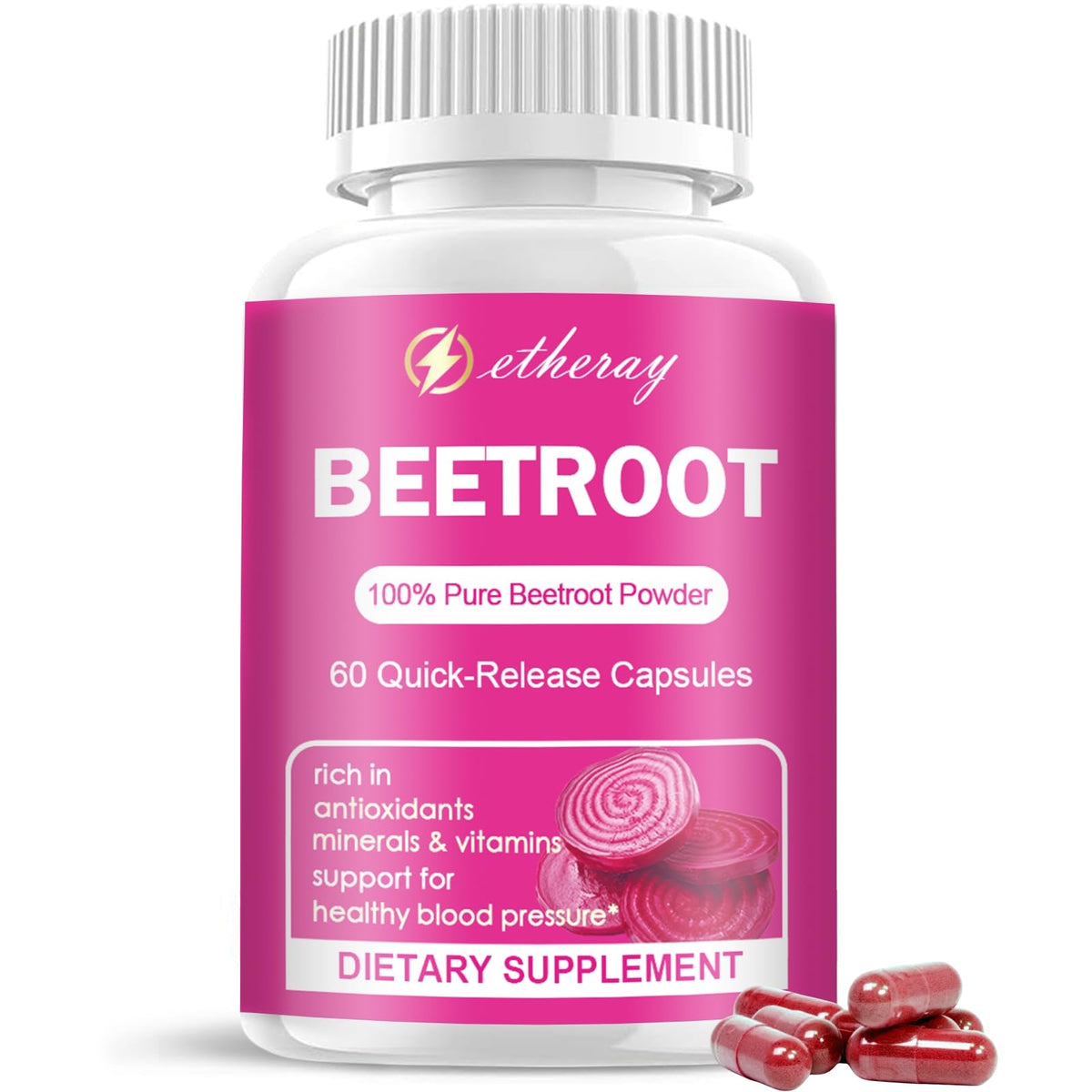 Etheray Beet Root Capsules bottle for convenient daily vegan supplement.