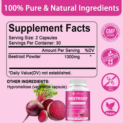 Etheray Beetroot powder close-up showing 1300mg per serving and earthy tone.