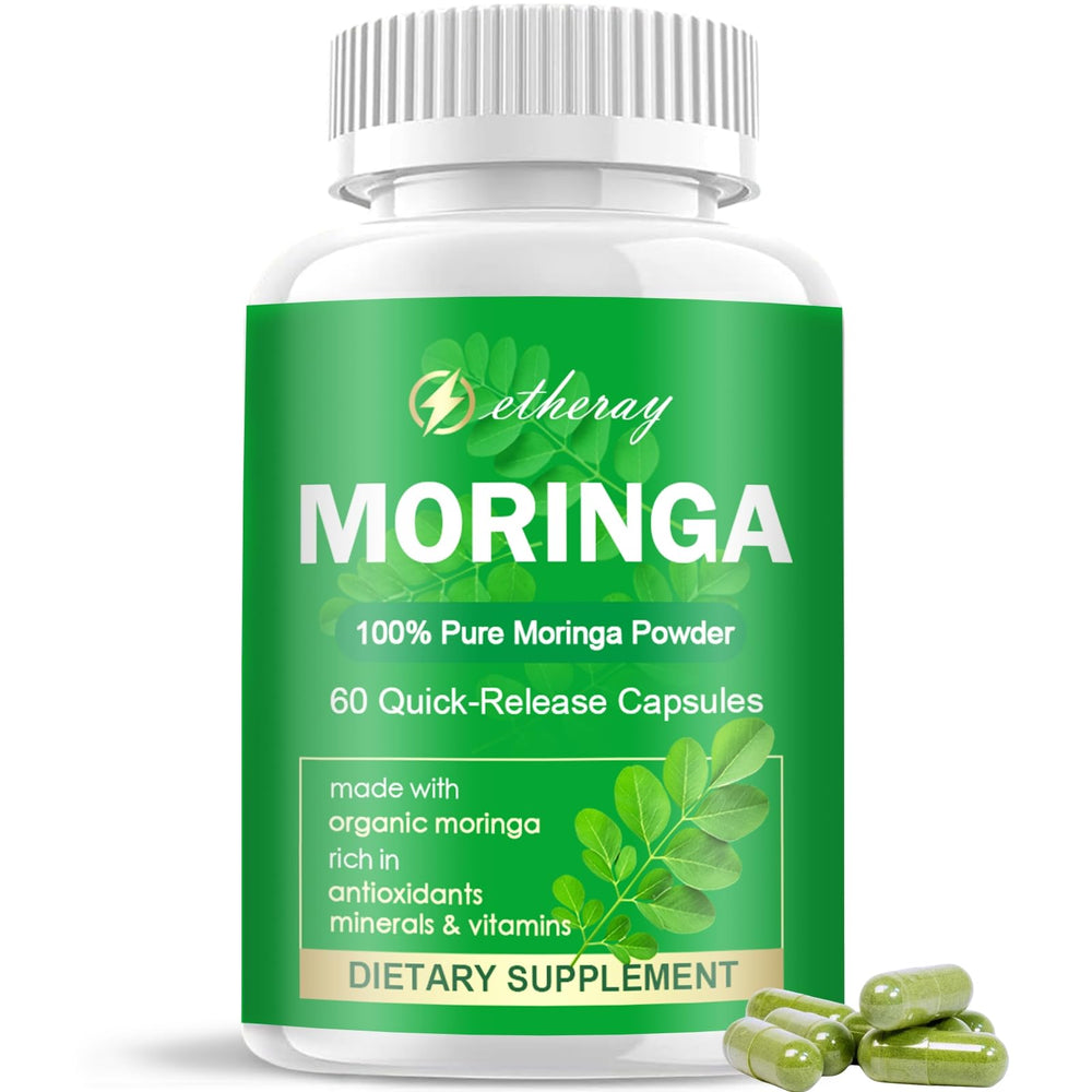 Etheray Moringa capsules bottle ready for daily wellness routine.