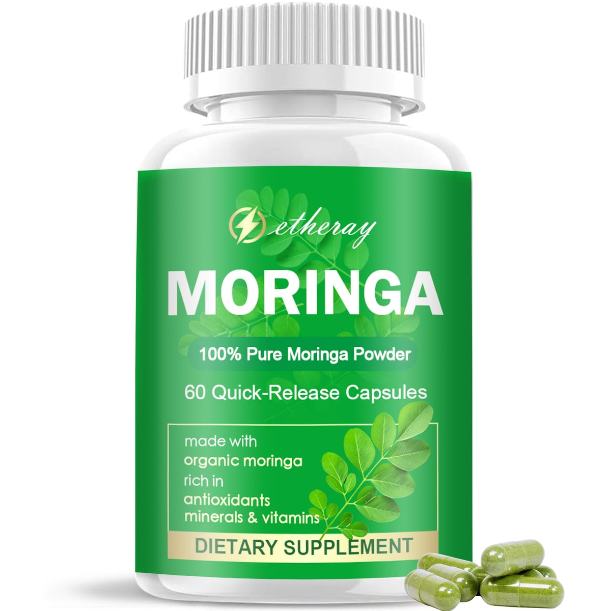 Etheray Moringa capsules bottle ready for daily wellness routine.