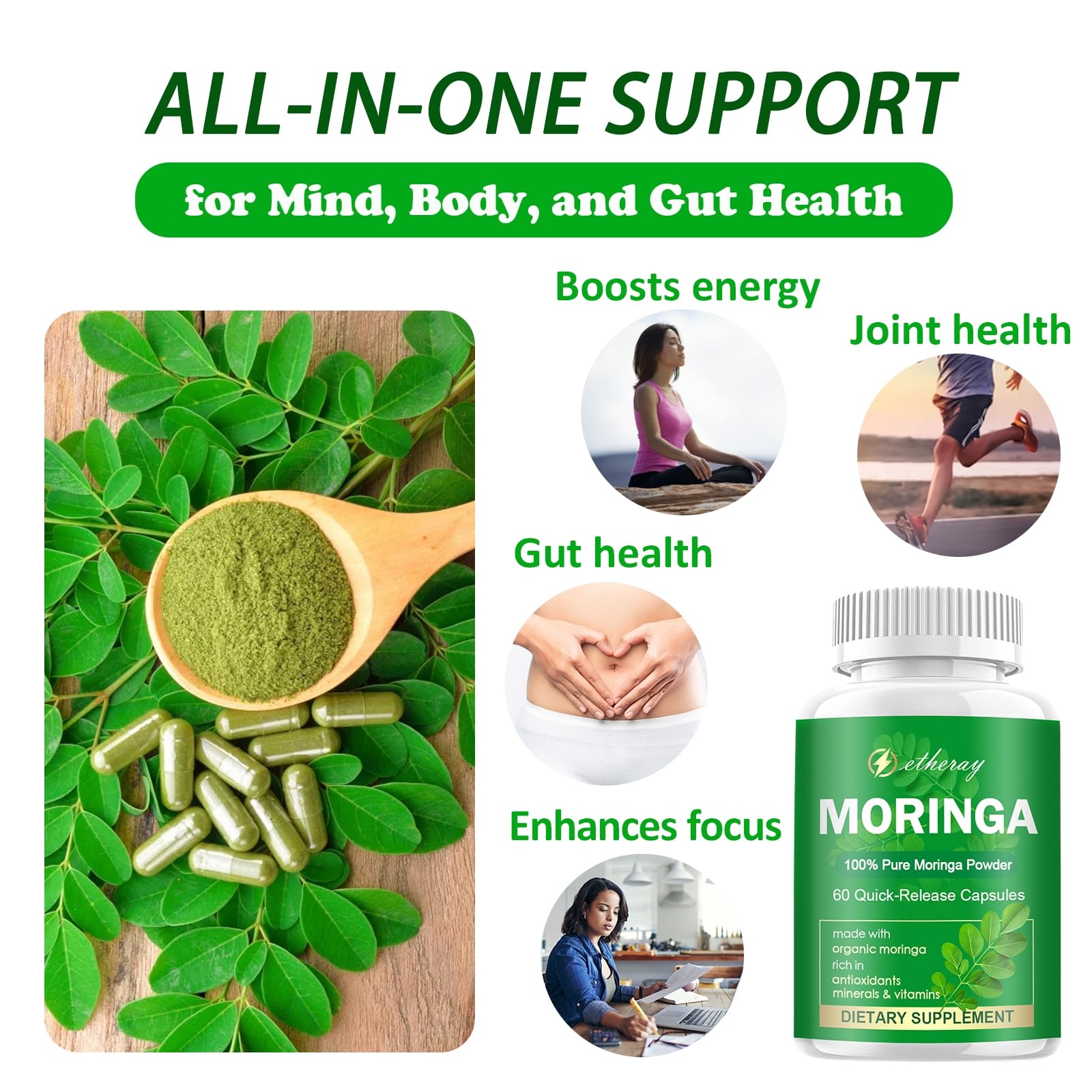 Etheray Moringa capsules in hand for on-the-go vitality.