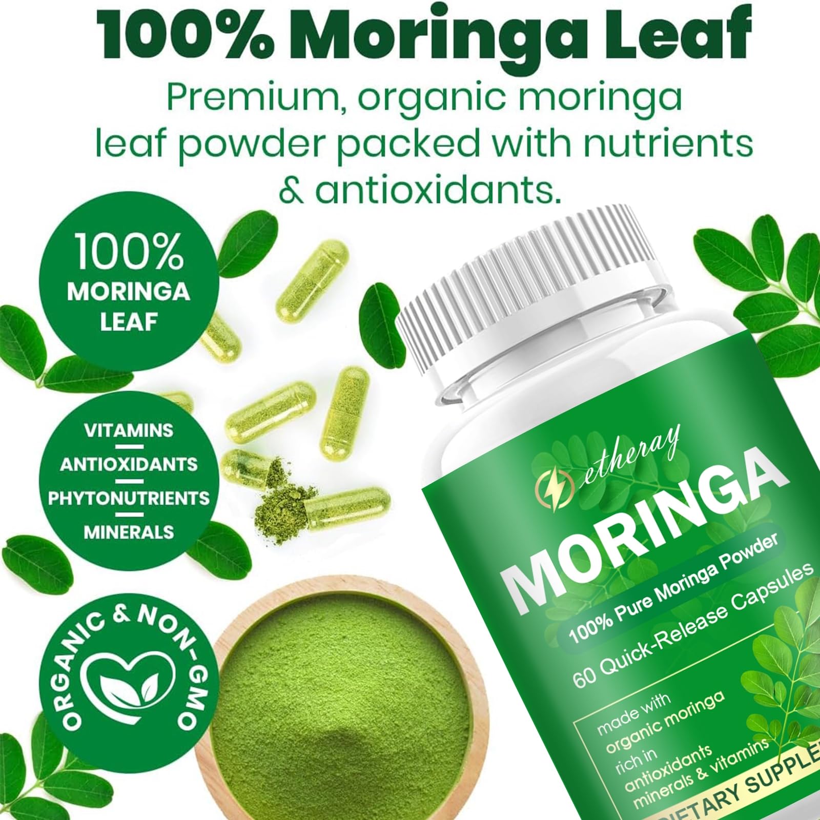 Side view of Etheray Moringa capsules showing compact size.
