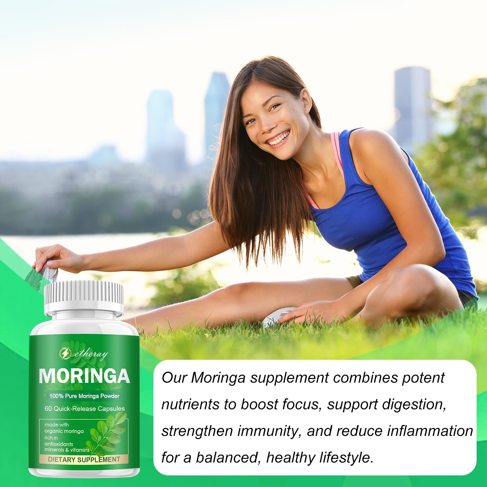 Glass Etheray Moringa bottle with capsules for easy daily use.