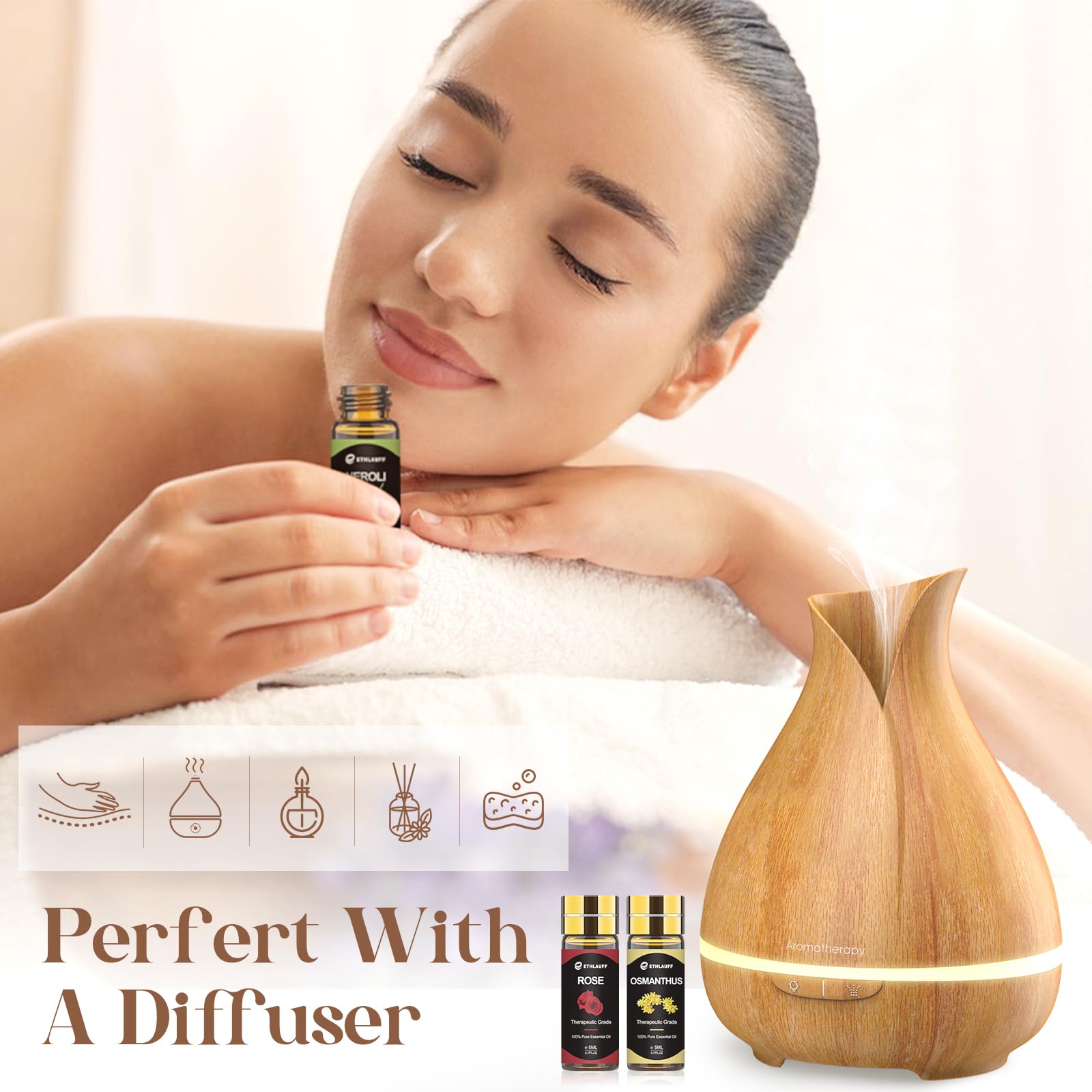 Ethlauff 40pcs essential oils bottle close-up premium amber glass for quality and durability.
