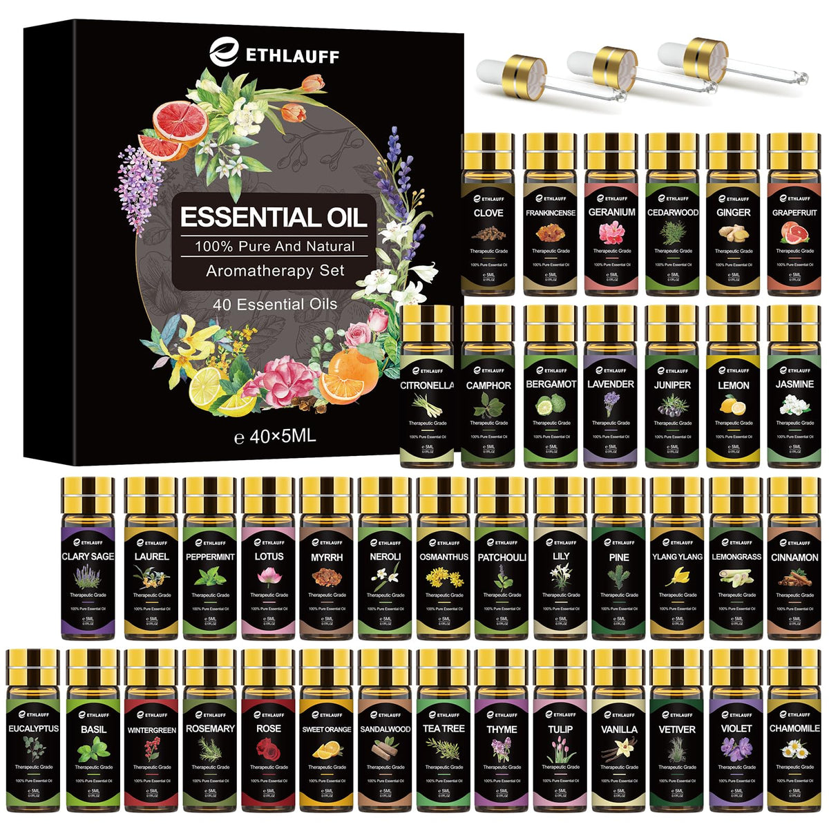 Ethlauff 40-pcs essential oils bottles amber protect fragrance for long-lasting diffuser use.