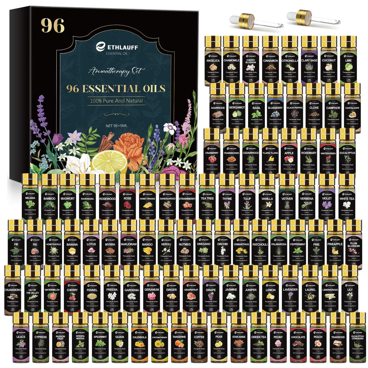 Ethlauff 96 essential oils box close-up for aromatherapy exploration and diffuser use