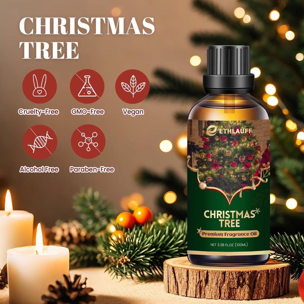 Ethlauff Christmas Tree essential oil in diffuser setup for cozy ambiance.