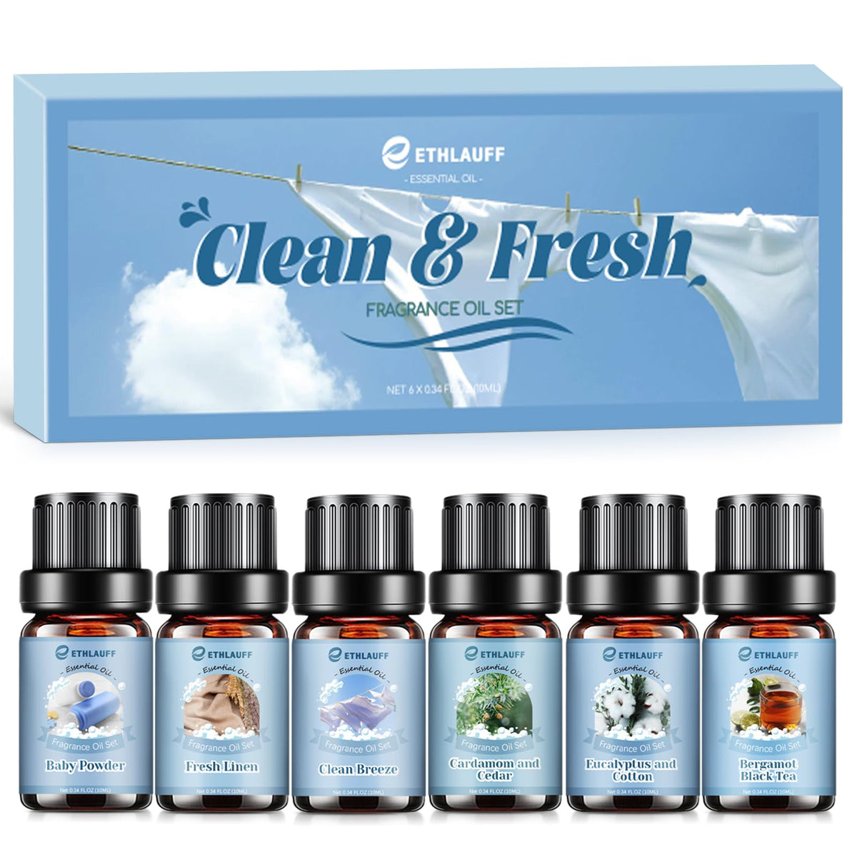 Ethlauff Clean Essential Oils Set bottles for home fragrance and DIY crafts.
