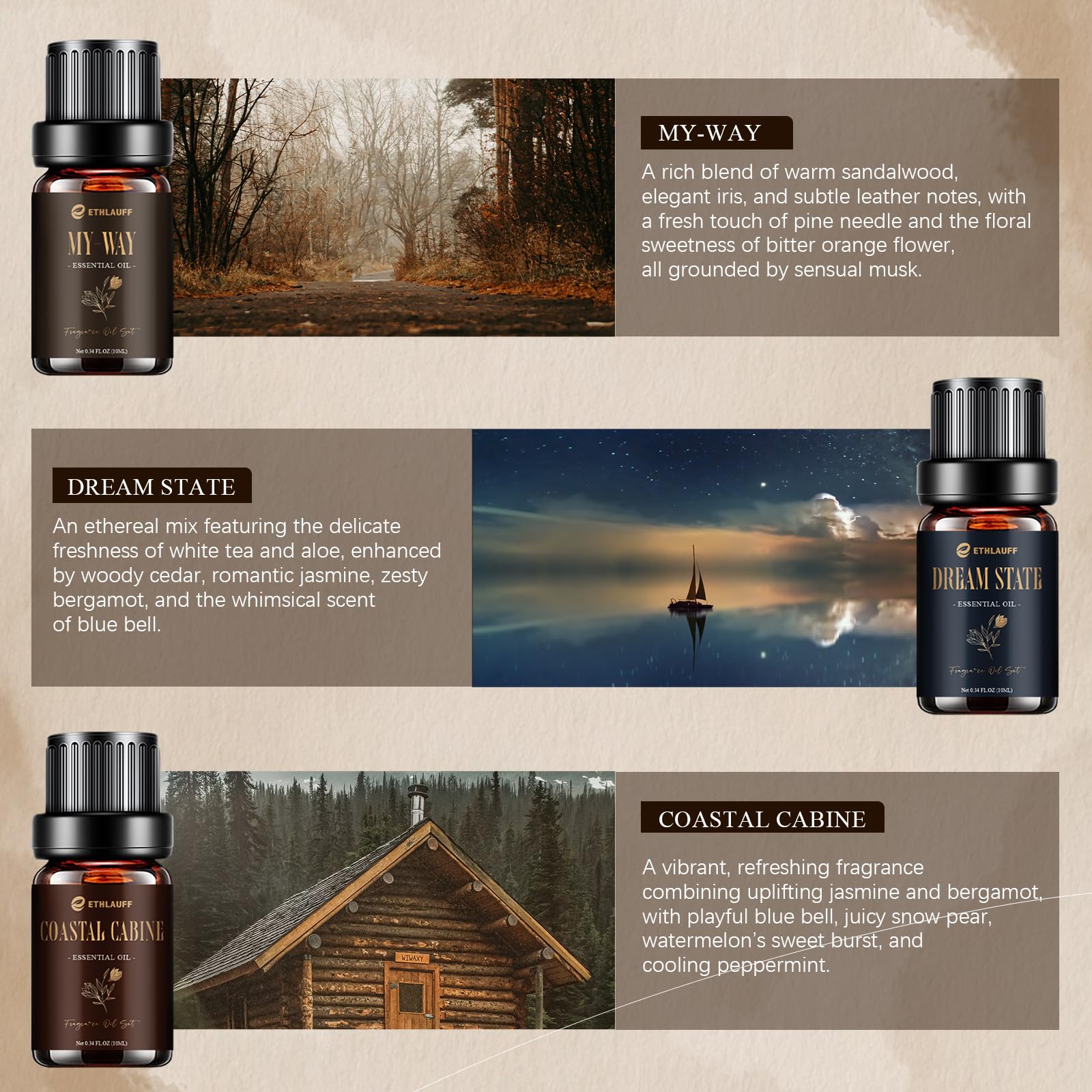 Ethlauff Coastal Cabine diffuser oil bottle evokes sea breeze vibes